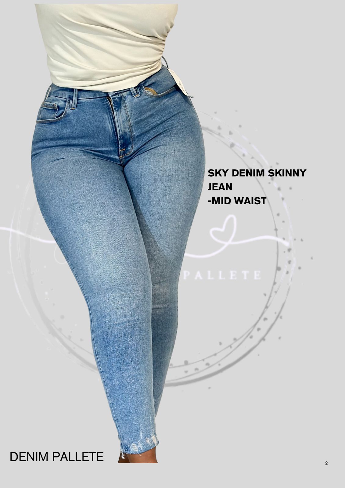 Blue denim skinny jeans on a gray background with text indicating 'Denim Palette'.