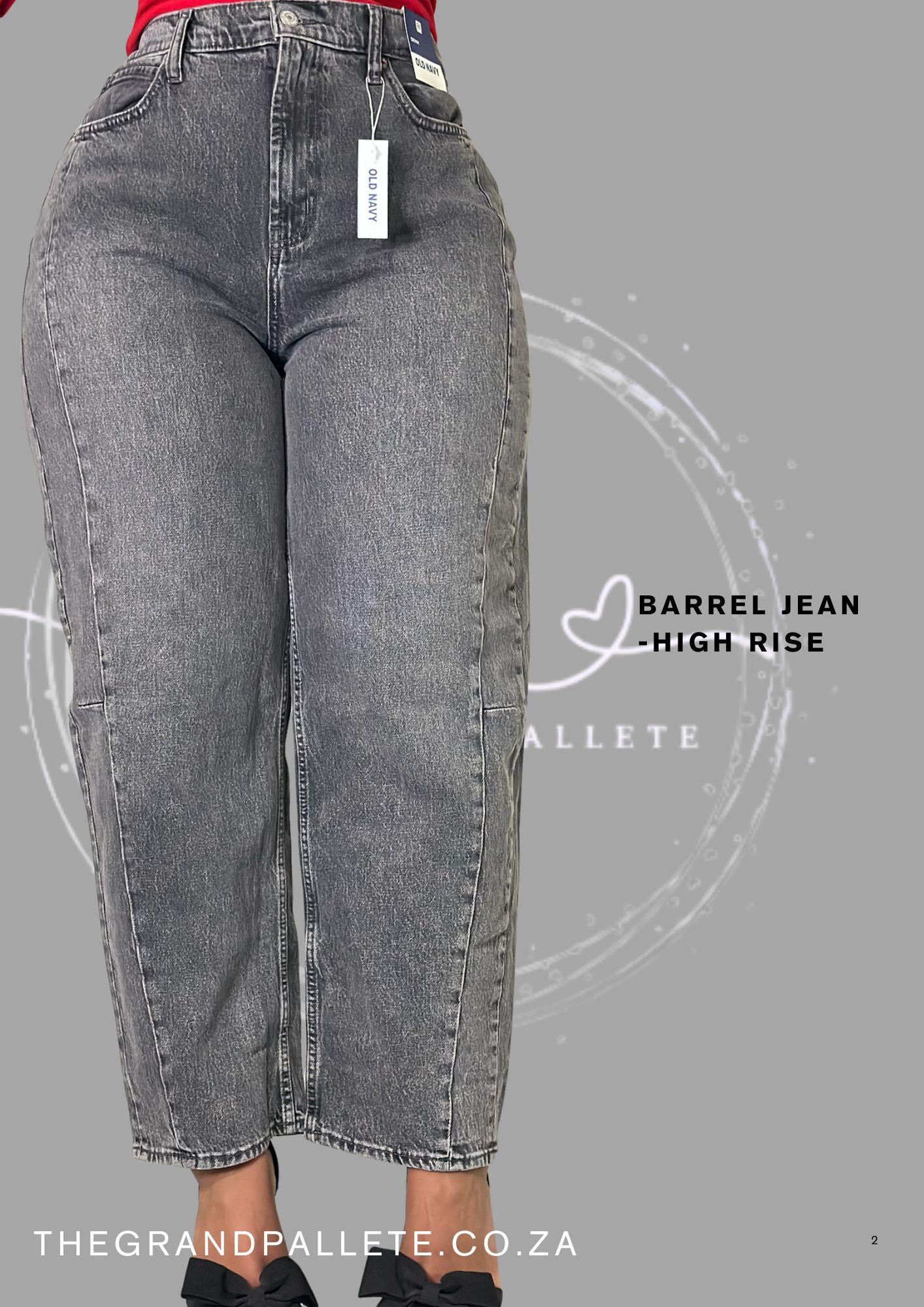 Gray high-rise barrel jeans with a visible brand tag on a gray background
