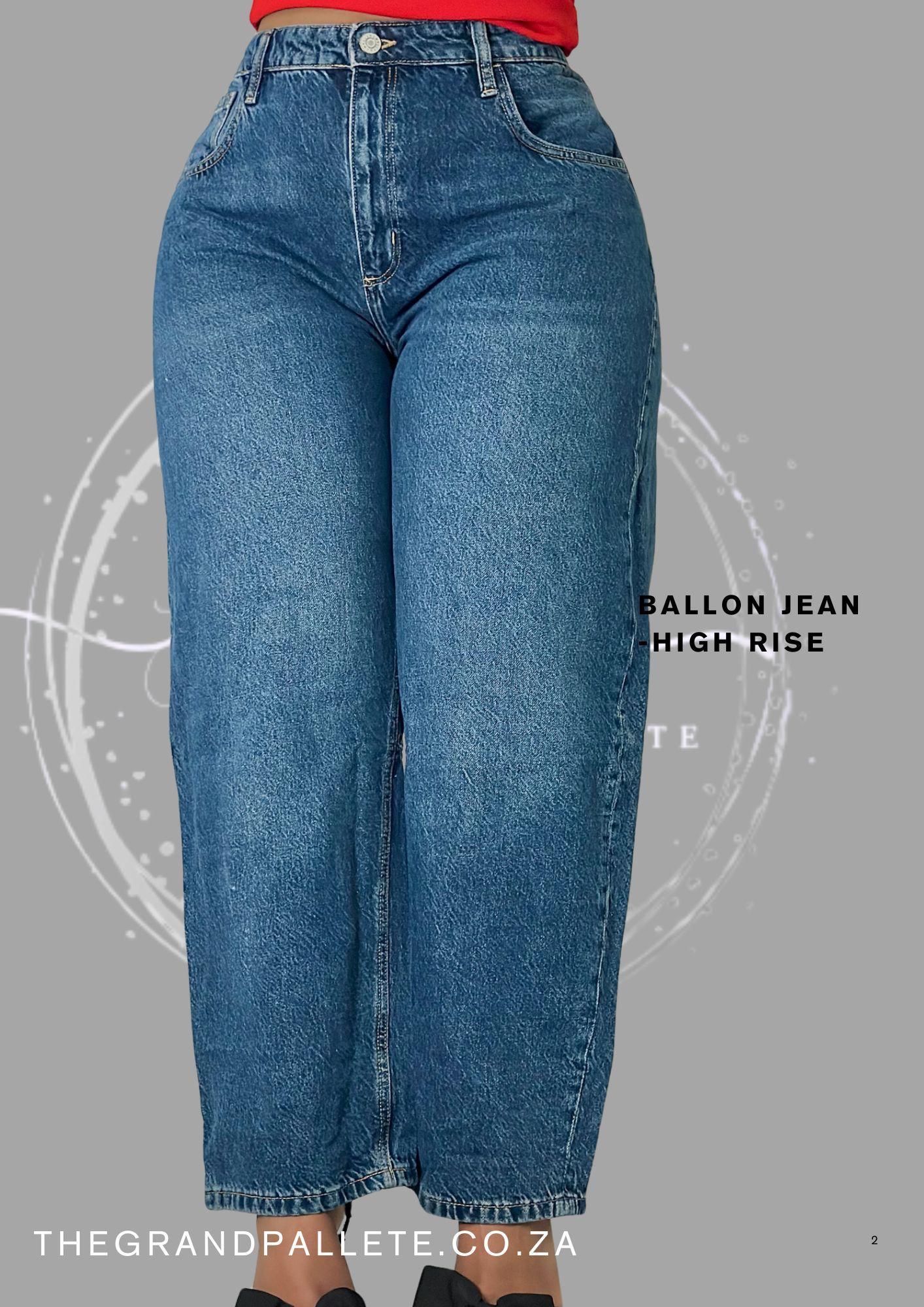 Blue balloon jeans on a gray background with 'The Grand Palette Co' branding.